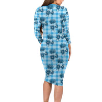 Blue Palaka Hawaii Family Matching Long Sleeve Bodycon Dress and Hawaiian Shirt Hawaiian Lehua Blossoms