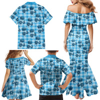 Blue Palaka Hawaii Family Matching Mermaid Dress and Hawaiian Shirt Hawaiian Lehua Blossoms