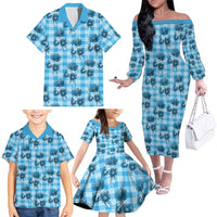 Blue Palaka Hawaii Family Matching Off The Shoulder Long Sleeve Dress and Hawaiian Shirt Hawaiian Lehua Blossoms