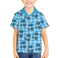 Blue Palaka Hawaii Family Matching Short Sleeve Bodycon Dress and Hawaiian Shirt Hawaiian Lehua Blossoms