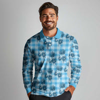 Blue Palaka Hawaii Long Sleeve Polo Shirt Hawaiian Lehua Blossoms LT05 - Polynesian Pride