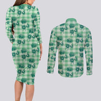 Green Palaka Hawaii Couples Matching Long Sleeve Bodycon Dress and Long Sleeve Button Shirt Hawaiian Lehua Blossoms