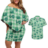 Green Palaka Hawaii Couples Matching Off Shoulder Short Dress and Hawaiian Shirt Hawaiian Lehua Blossoms