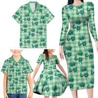 Green Palaka Hawaii Family Matching Long Sleeve Bodycon Dress and Hawaiian Shirt Hawaiian Lehua Blossoms