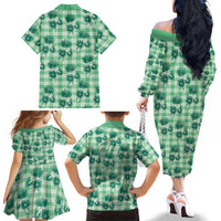 Green Palaka Hawaii Family Matching Off The Shoulder Long Sleeve Dress and Hawaiian Shirt Hawaiian Lehua Blossoms