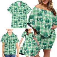 Green Palaka Hawaii Family Matching Off Shoulder Short Dress and Hawaiian Shirt Hawaiian Lehua Blossoms