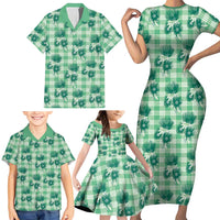Green Palaka Hawaii Family Matching Short Sleeve Bodycon Dress and Hawaiian Shirt Hawaiian Lehua Blossoms