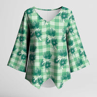 Green Palaka Hawaii Kimono Sleeve Blouse Hawaiian Lehua Blossoms LT05 Female Green - Polynesian Pride