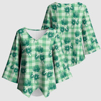 Green Palaka Hawaii Kimono Sleeve Blouse Hawaiian Lehua Blossoms LT05 - Polynesian Pride