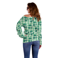 Green Palaka Hawaii Off Shoulder Sweater Hawaiian Lehua Blossoms LT05 - Polynesian Pride