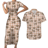 Brown Palaka Hawaii Couples Matching Short Sleeve Bodycon Dress and Hawaiian Shirt Hawaiian Lehua Blossoms
