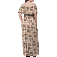 Brown Palaka Hawaii Family Matching Off Shoulder Maxi Dress and Hawaiian Shirt Hawaiian Lehua Blossoms
