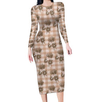 Brown Palaka Hawaii Long Sleeve Bodycon Dress Hawaiian Lehua Blossoms LT05 Long Dress Brown - Polynesian Pride