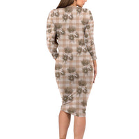 Brown Palaka Hawaii Long Sleeve Bodycon Dress Hawaiian Lehua Blossoms LT05 - Polynesian Pride