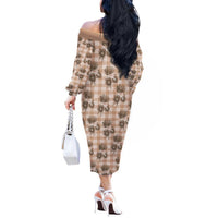 Brown Palaka Hawaii Off The Shoulder Long Sleeve Dress Hawaiian Lehua Blossoms LT05 - Polynesian Pride