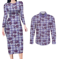 Purple Palaka Hawaii Couples Matching Long Sleeve Bodycon Dress and Long Sleeve Button Shirt Hawaiian Lehua Blossoms