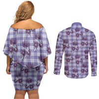 Purple Palaka Hawaii Couples Matching Off Shoulder Short Dress and Long Sleeve Button Shirt Hawaiian Lehua Blossoms