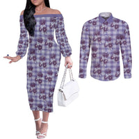 Purple Palaka Hawaii Couples Matching Off The Shoulder Long Sleeve Dress and Long Sleeve Button Shirt Hawaiian Lehua Blossoms