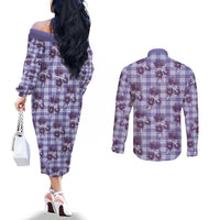 Purple Palaka Hawaii Couples Matching Off The Shoulder Long Sleeve Dress and Long Sleeve Button Shirt Hawaiian Lehua Blossoms