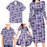Purple Palaka Hawaii Family Matching Long Sleeve Bodycon Dress and Hawaiian Shirt Hawaiian Lehua Blossoms