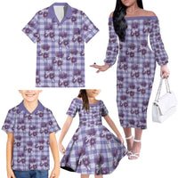Purple Palaka Hawaii Family Matching Off The Shoulder Long Sleeve Dress and Hawaiian Shirt Hawaiian Lehua Blossoms