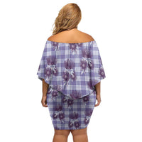Purple Palaka Hawaii Family Matching Off Shoulder Short Dress and Hawaiian Shirt Hawaiian Lehua Blossoms