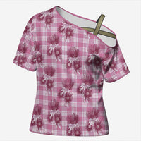 Pink Palaka Hawaii Cross Shoulder Shirt Hawaiian Lehua Blossoms LT05 Female Pink - Polynesian Pride