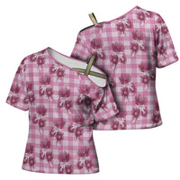Pink Palaka Hawaii Cross Shoulder Shirt Hawaiian Lehua Blossoms LT05 - Polynesian Pride