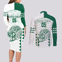 Custom Hawaii Football Couples Matching Long Sleeve Bodycon Dress and Long Sleeve Button Shirt Rainbow Warriors Kakau Pattern LT05 - Polynesian Pride