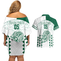 Custom Hawaii Football Couples Matching Off Shoulder Short Dress and Hawaiian Shirt Rainbow Warriors Kakau Pattern LT05 - Polynesian Pride