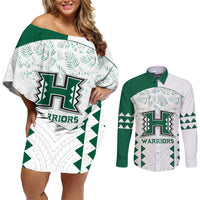Custom Hawaii Football Couples Matching Off Shoulder Short Dress and Long Sleeve Button Shirt Rainbow Warriors Kakau Pattern LT05 White - Polynesian Pride