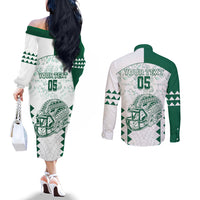 Custom Hawaii Football Couples Matching Off The Shoulder Long Sleeve Dress and Long Sleeve Button Shirt Rainbow Warriors Kakau Pattern LT05 - Polynesian Pride