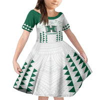Custom Hawaii Football Family Matching Mermaid Dress and Hawaiian Shirt Rainbow Warriors Kakau Pattern LT05 Daughter's Dress White - Polynesian Pride