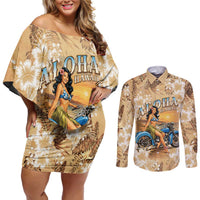 Aloha Hawaii Biker Couples Matching Off Shoulder Short Dress and Long Sleeve Button Shirt Ride To Paradise LT05 Beige - Polynesian Pride