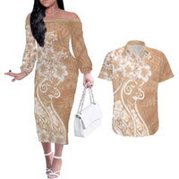 Polynesian Women's Day Couples Matching Off The Shoulder Long Sleeve Dress and Hawaiian Shirt Brown Hibiscus Flowers With Polynesian Pattern