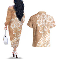 Polynesian Women's Day Couples Matching Off The Shoulder Long Sleeve Dress and Hawaiian Shirt Brown Hibiscus Flowers With Polynesian Pattern