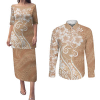 Polynesian Women's Day Couples Matching Puletasi and Long Sleeve Button Shirt Brown Hibiscus Flowers With Polynesian Pattern LT05 Brown - Polynesian Pride