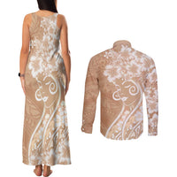 Polynesian Women's Day Couples Matching Tank Maxi Dress and Long Sleeve Button Shirt Brown Hibiscus Flowers With Polynesian Pattern