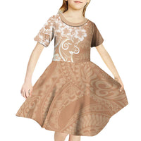Polynesian Women's Day Kid Short Sleeve Dress Brown Hibiscus Flowers With Polynesian Pattern LT05 - Polynesian Pride