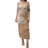 Polynesian Women's Day Puletasi Brown Hibiscus Flowers With Polynesian Pattern LT05 Long Dress Brown - Polynesian Pride