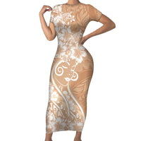 Polynesian Women's Day Short Sleeve Bodycon Dress Brown Hibiscus Flowers With Polynesian Pattern LT05 Long Dress Brown - Polynesian Pride