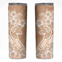 Polynesian Women's Day Skinny Tumbler Brown Hibiscus Flowers With Polynesian Pattern