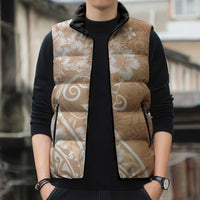 Polynesian Women's Day Sleeveless Puffer Jacket Brown Hibiscus Flowers With Polynesian Pattern LT05 - Polynesian Pride