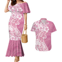 Polynesian Women's Day Couples Matching Mermaid Dress and Hawaiian Shirt Pink Hibiscus Flowers With Polynesian Pattern