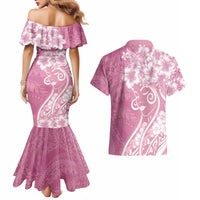 Polynesian Women's Day Couples Matching Mermaid Dress and Hawaiian Shirt Pink Hibiscus Flowers With Polynesian Pattern