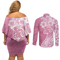 Polynesian Women's Day Couples Matching Off Shoulder Short Dress and Long Sleeve Button Shirt Pink Hibiscus Flowers With Polynesian Pattern LT05 - Polynesian Pride