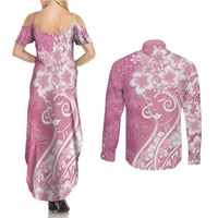 Polynesian Women's Day Couples Matching Summer Maxi Dress and Long Sleeve Button Shirt Pink Hibiscus Flowers With Polynesian Pattern LT05 - Polynesian Pride
