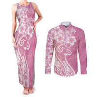 Polynesian Women's Day Couples Matching Tank Maxi Dress and Long Sleeve Button Shirt Pink Hibiscus Flowers With Polynesian Pattern LT05 Pink - Polynesian Pride