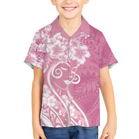 Polynesian Women's Day Family Matching Long Sleeve Bodycon Dress and Hawaiian Shirt Pink Hibiscus Flowers With Polynesian Pattern