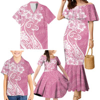 Polynesian Women's Day Family Matching Mermaid Dress and Hawaiian Shirt Pink Hibiscus Flowers With Polynesian Pattern